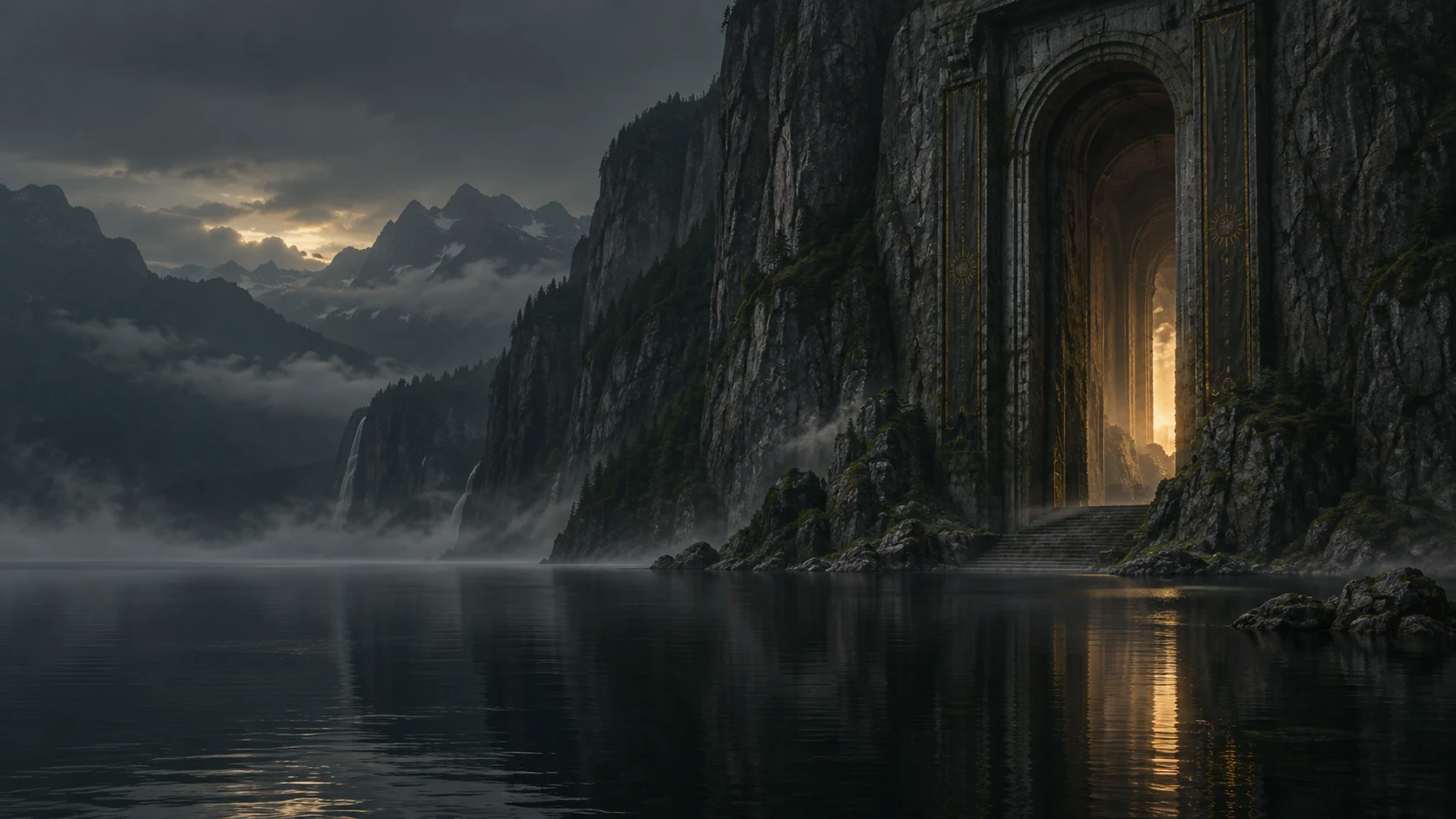 A stone doorway glowing beside a still lake