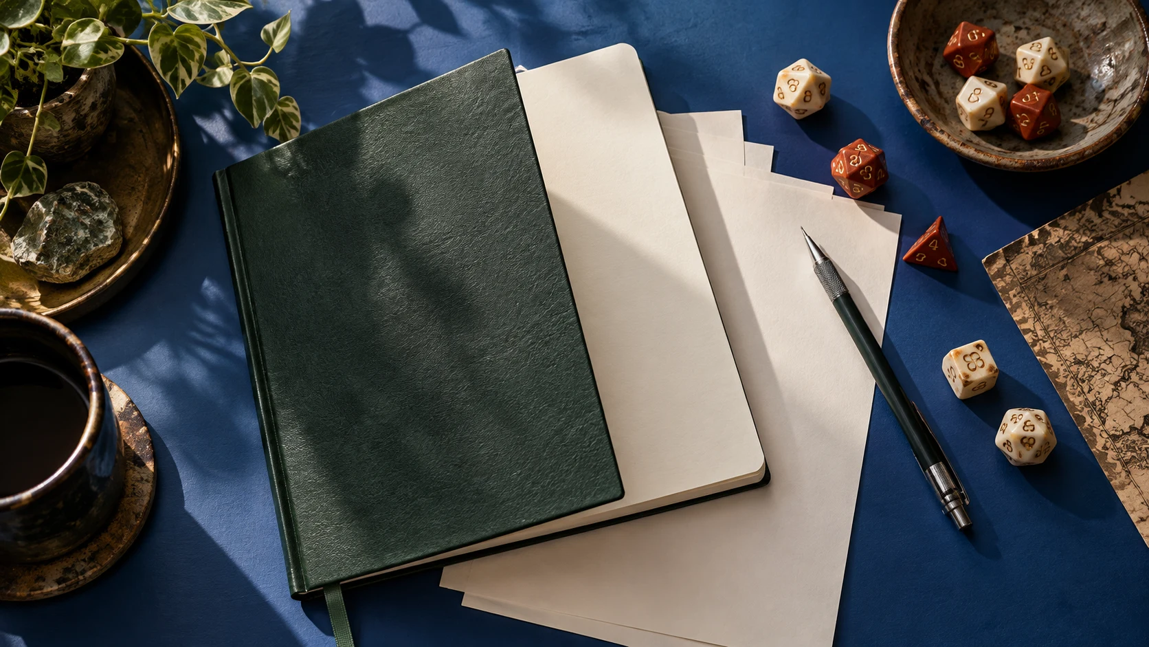 A notebook, pencil and physical dice on a game table